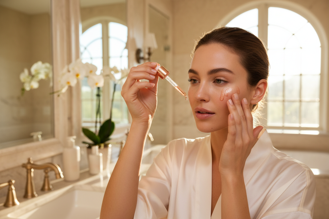 Kvinna applicerar kopparpeptid serum