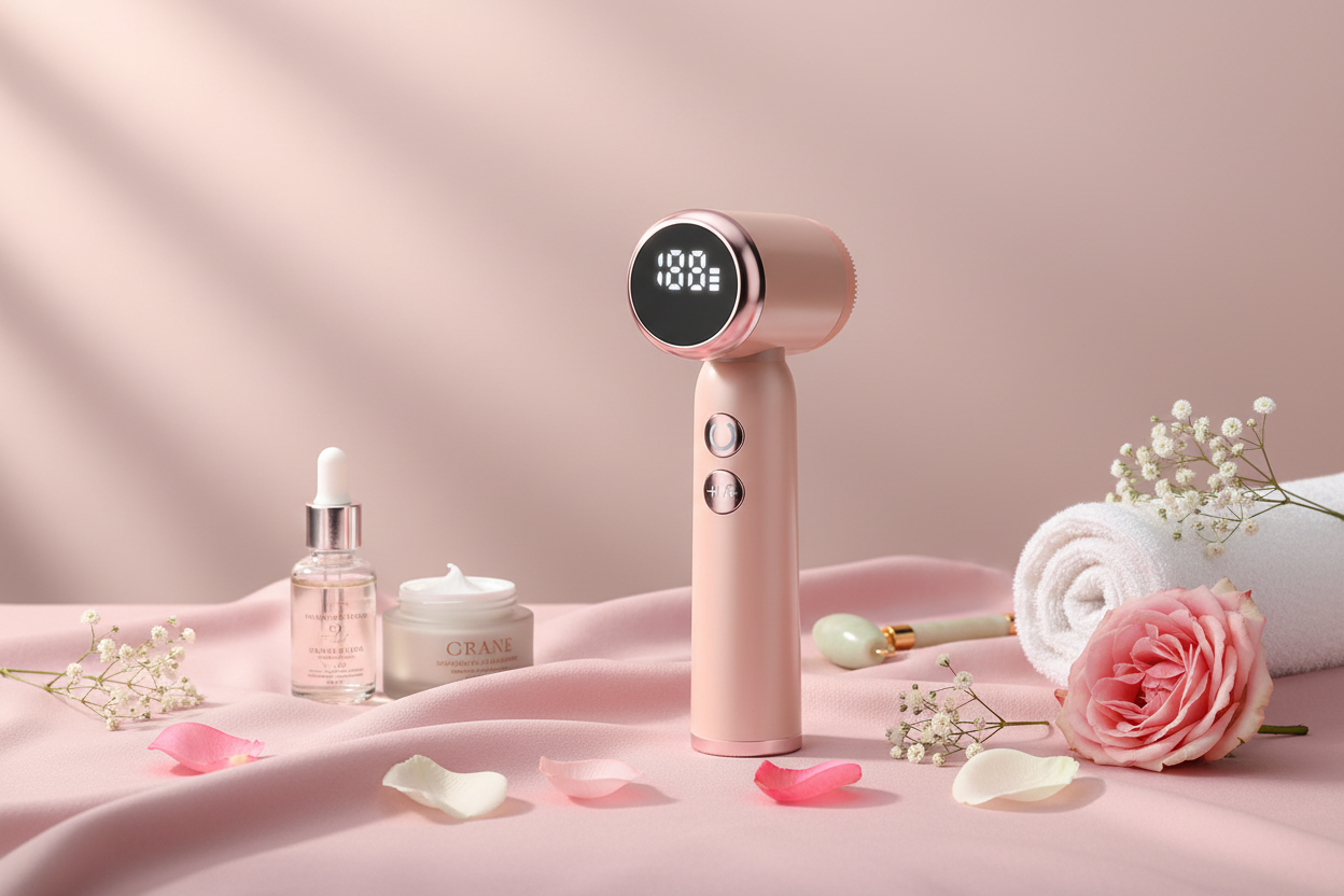 LED ansiktsrengöringsborste på rosa bakgrund med wellness-element